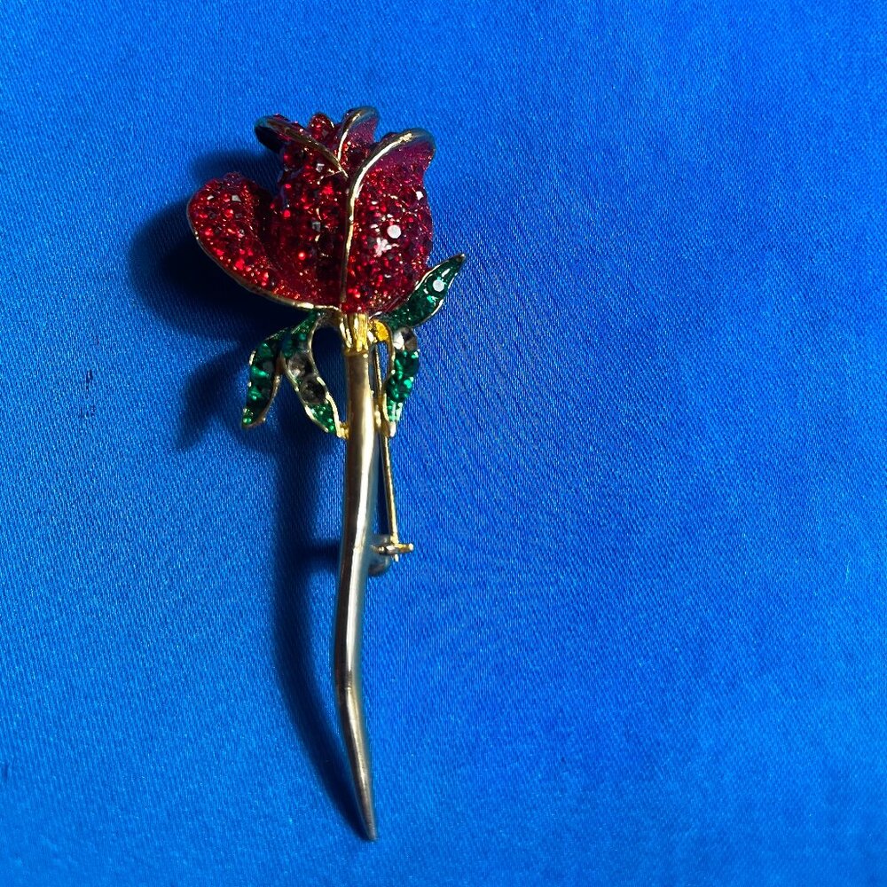 Vintage Red Rose Rhinestone Brooch